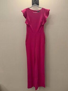 Midnight Doll Fuchsia Flutter-Sleeve Wide-Leg Jumpsuit